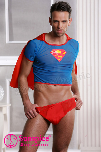 Red and blue mesh top boxers sexy superman costume