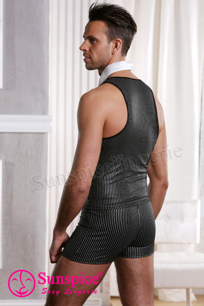 men Black stripe top boxers and white v-neck tie sexy glamber costume outfit