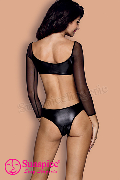 women black sheer mesh and wet look bare breast backless erotic teddy bodysuit.
