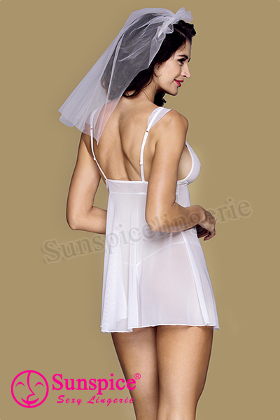 Female  hot white mesh lace  deep V  adjustable shoulder straps backless thong veil babydoll sleepwear chemise  nightie bridal wedding lingerie.
