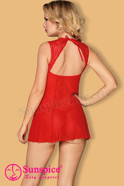 women red lace mesh chemise babydoll mini dress features heaps collar with tied back detail,back keyhole design,matching thong.