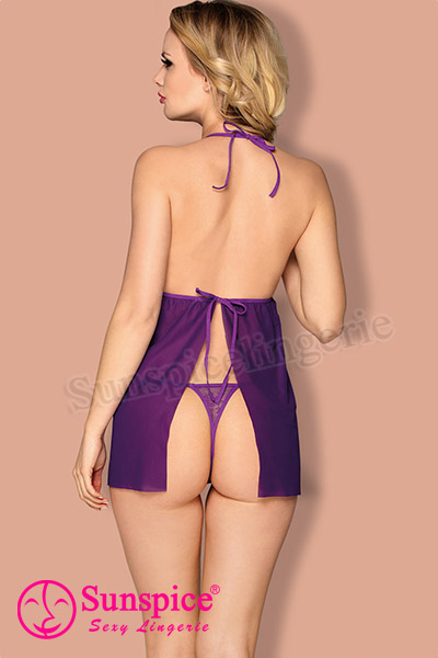 Female purple mesh cut-out in front halter tied back backless thong  babydoll  sleepwear  chemise  nightie lingerie.