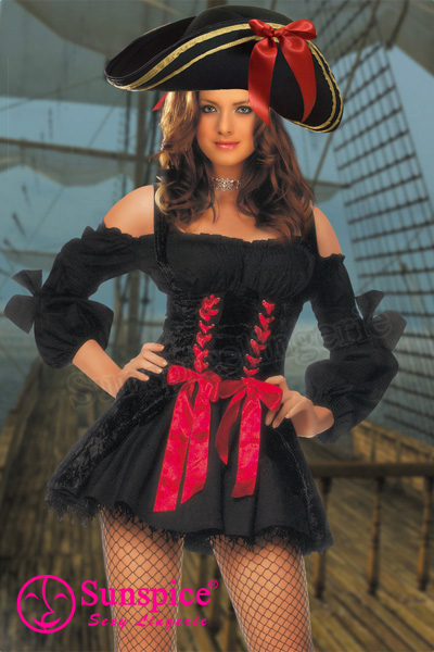 Black boat neck long sleeve bows without hat necklace stocking pirates costumes