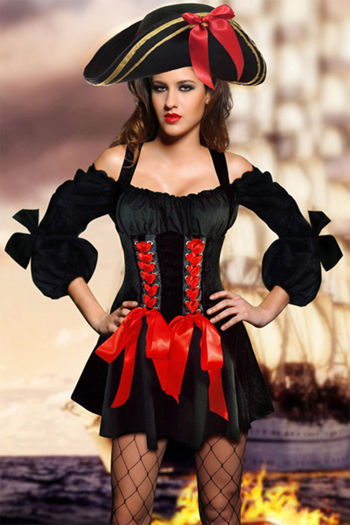 80990st g black boat neck long sleeve bows without hat necklace stocking pirates costumes 80990st g black boat neck long sleeve bows without hat necklace stocking pirates costumes