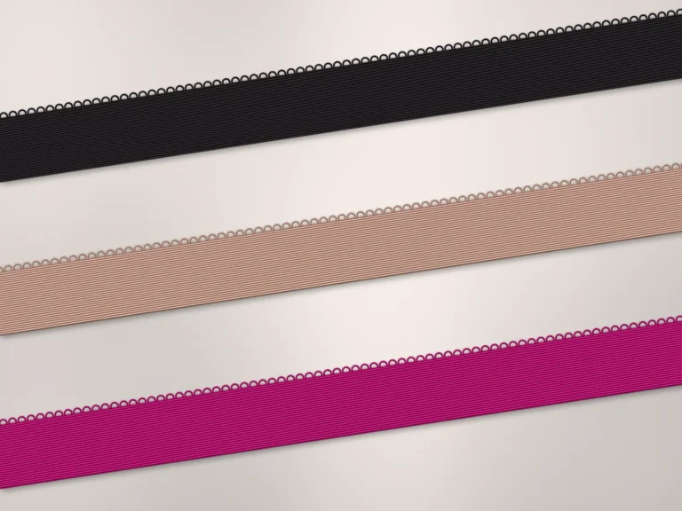Illustration of picot-edge elastics in black, nude and magenta