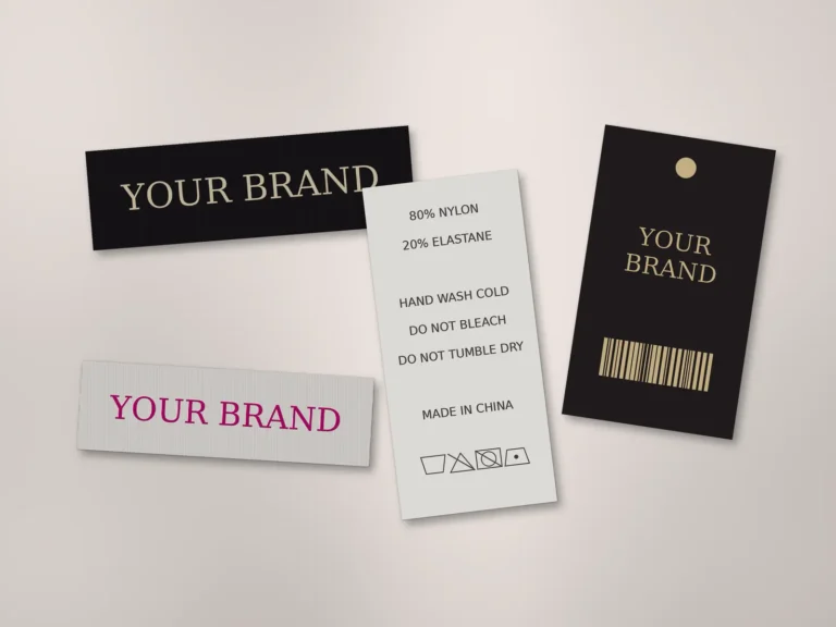 Illustration of woven labels, a care label and a hangtag